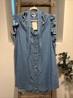 Elan Light Blue Ruffle Tie-Neck Chambray Dress